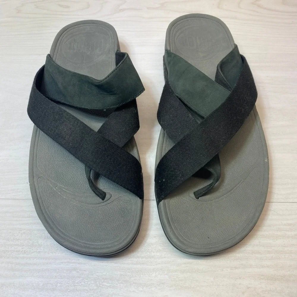 FitFlop Mens 12 Trakk II Cross Strap Sandal Microwobbleboard Black Grey Leather